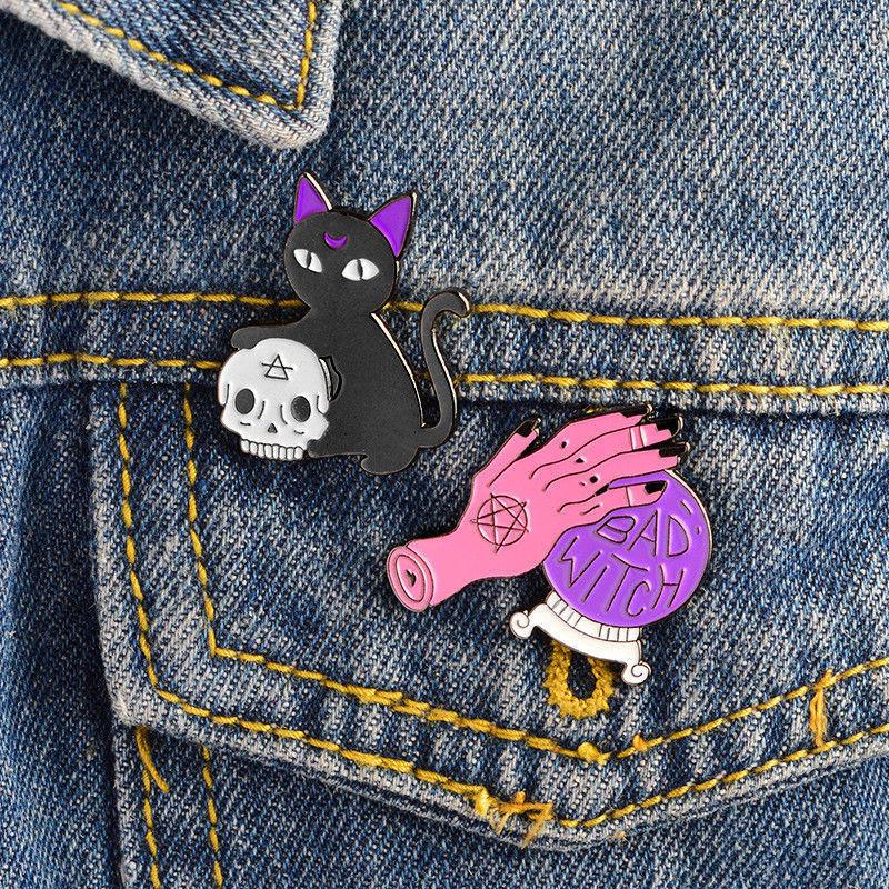Premium Quality Enamel Brooch Featuring Witch Tools Skull Cat For Halloween