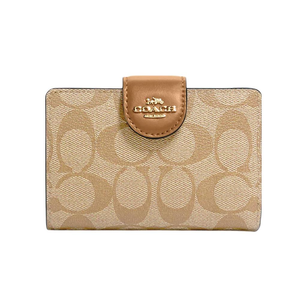 New COACH Corner Zip Coated Canvas With Leather Coin Purse Wallet Women's Khaki C0082-IMNLJ