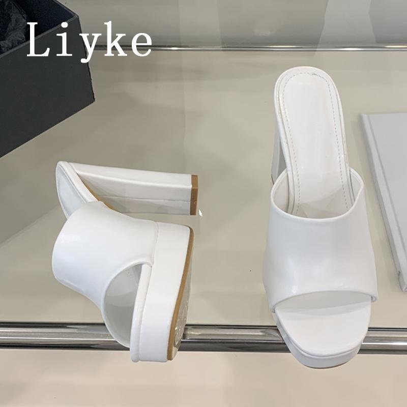 Fashion Liyke Sexy Thick High Heels Platform Slippers Black White Cozy PU Leather Open Toe 12CM Women Shoes Sandals Pumps Zapatos Mujer
