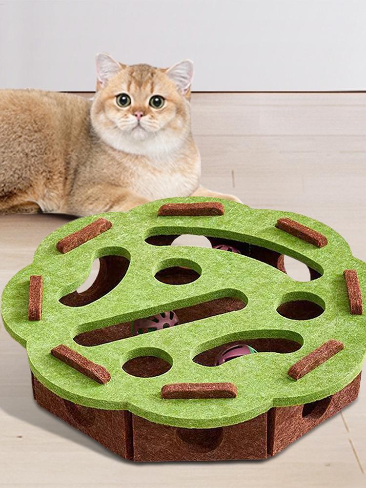 Interactive Cat Puzzle Toy with Digging Holes - Self Amusing Maze Box Bell Ball Mental Enrichment for Kittens Felt Material