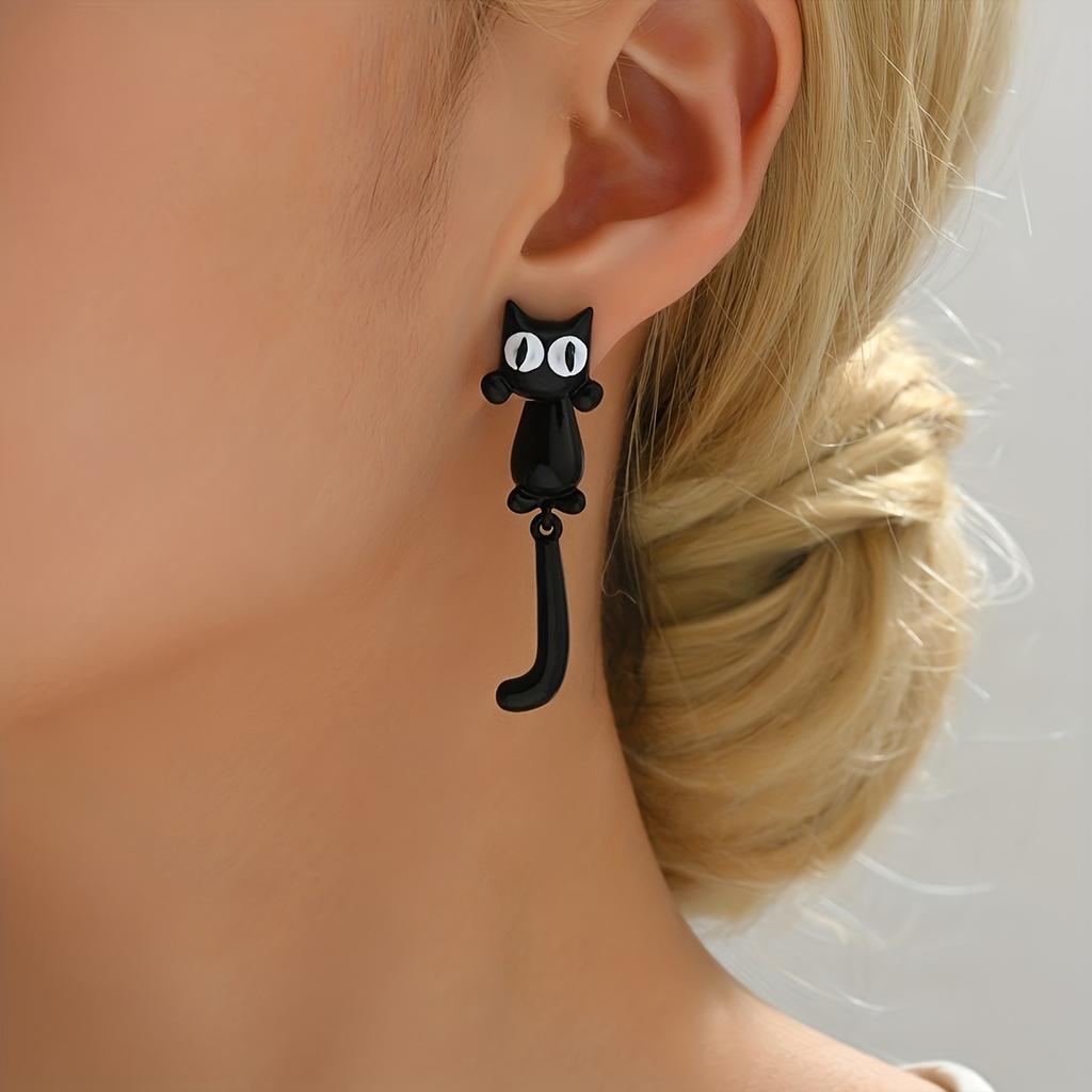 Cute Unique Cartoon Big Eye Cat Earrings Girls Sweet Heart Student Travel Wear Metal Drop Dangle Earrings Fashion Trendy Jewelry