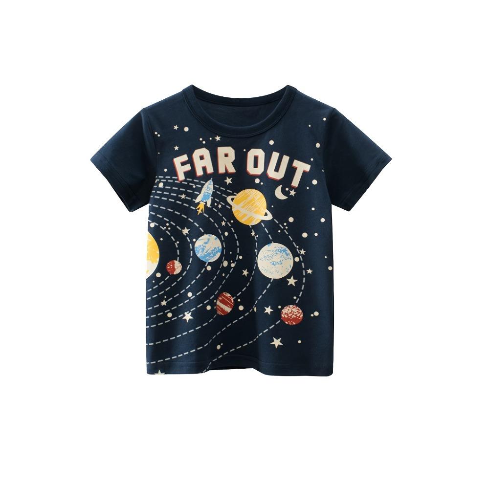 Мальчишеская футболка с солнечной системой Футболка топ с коротким рукавом с круглым вырезом летняя повседневная детская одежда 150