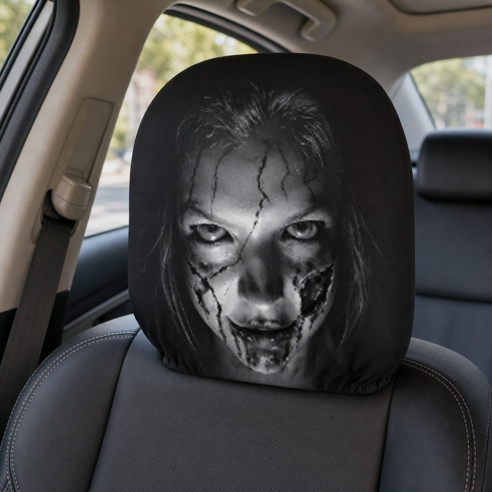 2Pcs Black Car Seat Cover Scary Face Printing Car Headrest Protector Car Headrest Cover Halloween