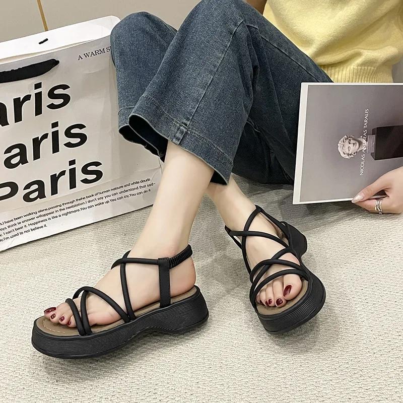 Fashion Women's Fashion Elasticated Sandals Korean Style Solid Colour Casual Round Toe Slippers Thick Bottom Lightweight Wedges Shoes