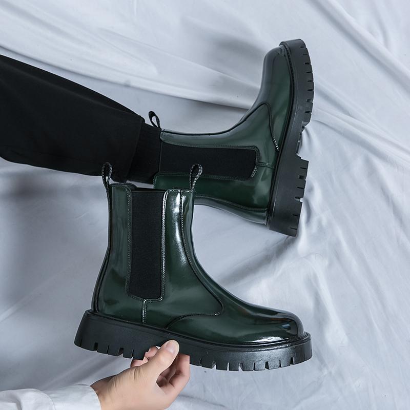 Men’s Platform Green Boots Thick Sole Personality Patent Leather Boots Retro Height Increase Punk Party Shoes Men High Top Plus Size