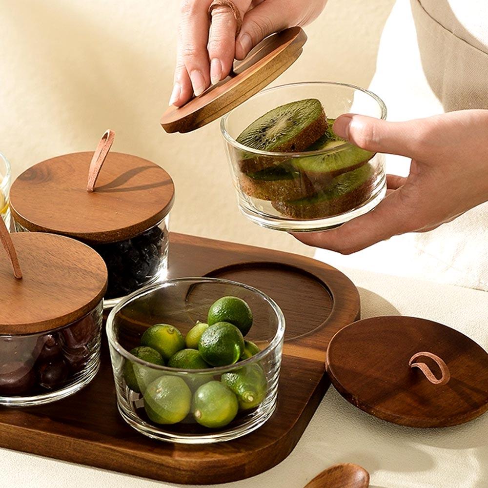 Glass Storage Bottle Divided Dried Fruit Tray with Wooden Lid Dried Fruit Snack Storage Bottle Wooden Tray Household Snack Tray