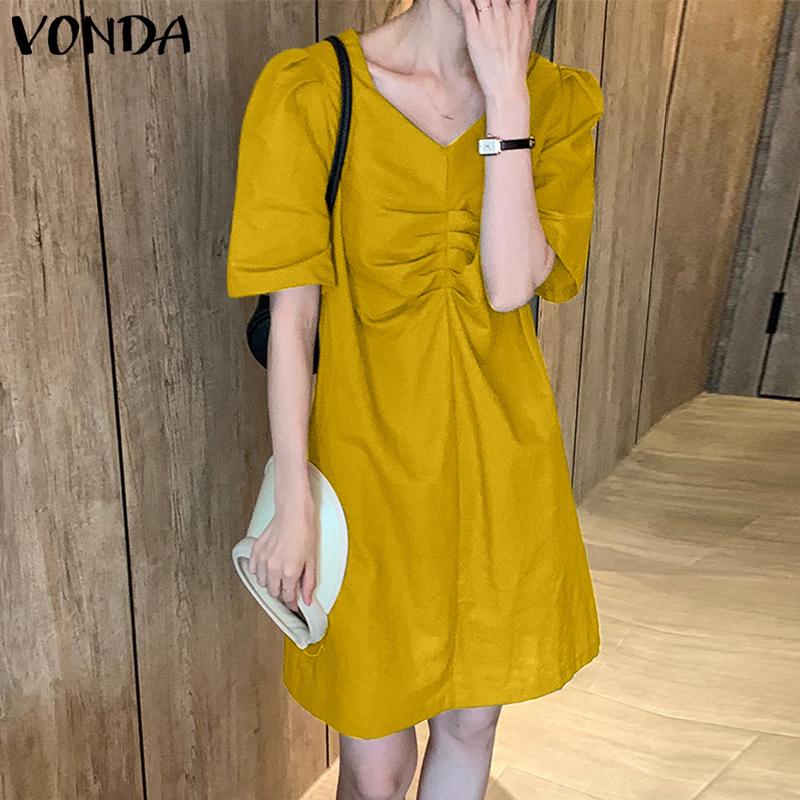 

VONDA Лето Женщины Линия Сплошной цвет Короткие платья Повседневные Свободные полуплохие рукав V Шея Мини платье плюс размер
