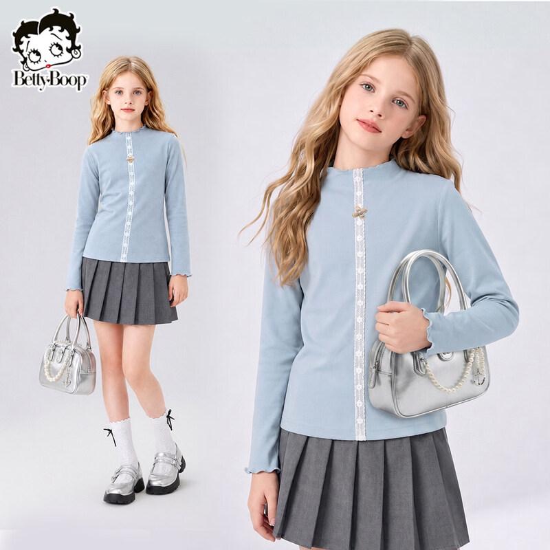 Betty Girls' 2026 Spring Autumn Mock Neck Knit T-Shirt