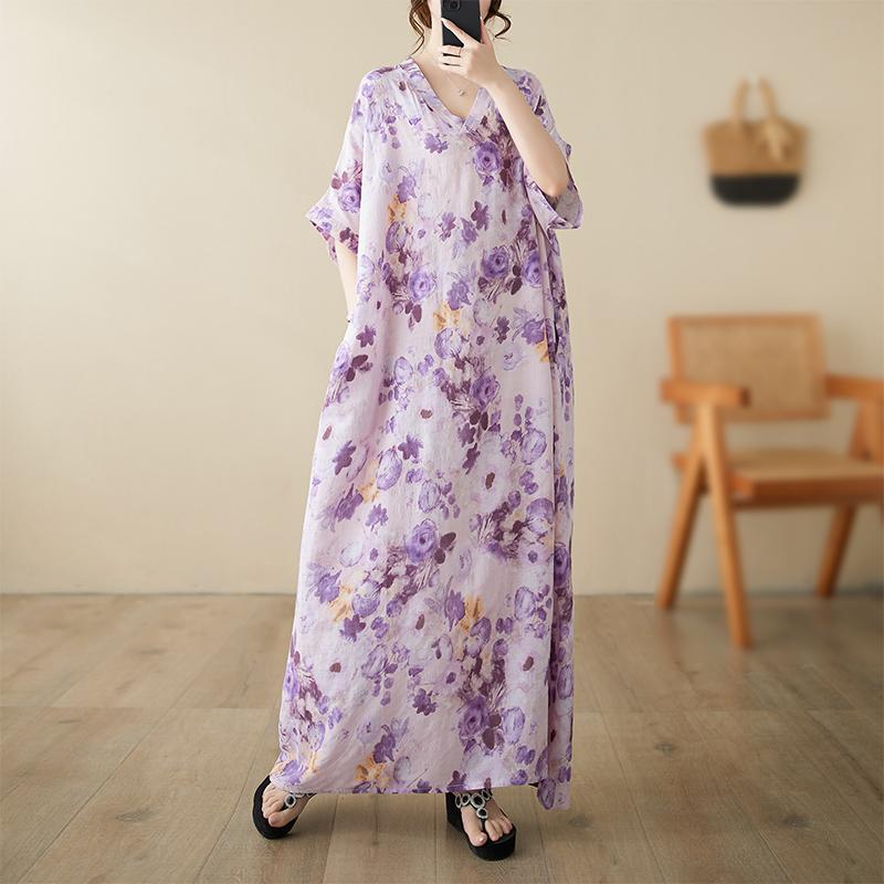 

Новое хлопковое винтажное платье с цветочным принтом больших размеров с короткими рукавами для женщин, повседневное свободное длинное летнее платье макси