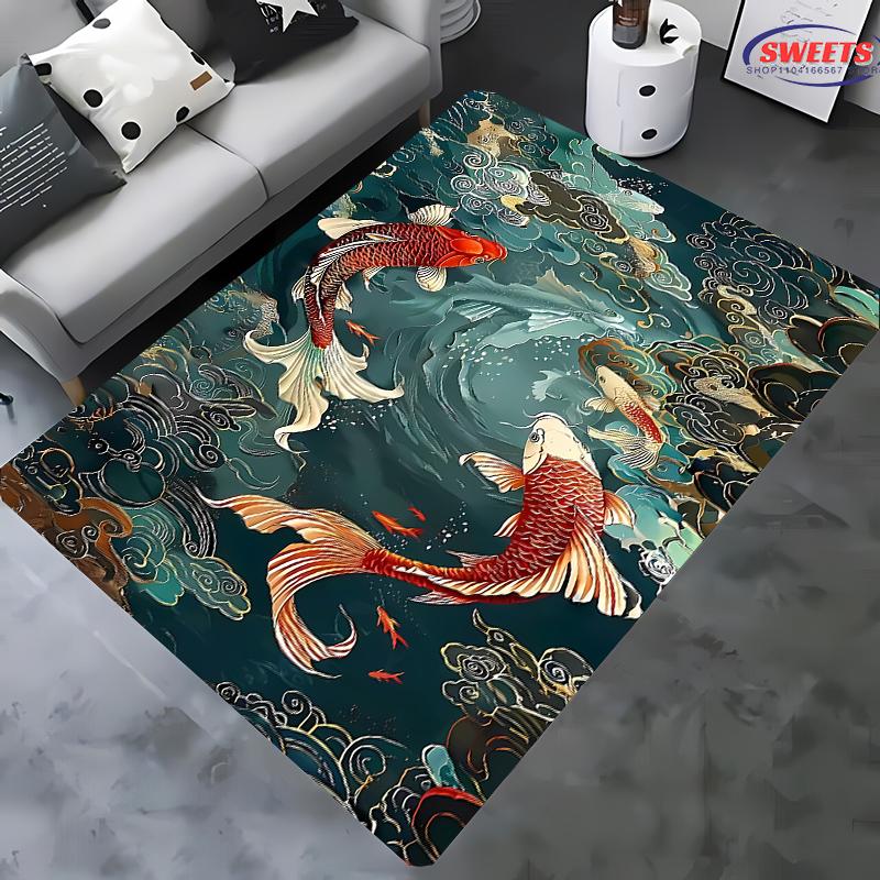 3D National Trend Koi Carp Playing Cloud Carpet Living Room Rug Room Decor Summer Indoor Floor Mat Color Office Multi-scene Rug