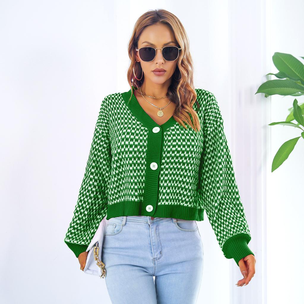 QICED Moda damă ocazional imprimeu carouri toamnă iarnă cu mâneci lungi cu decolteu în V pulovere largi