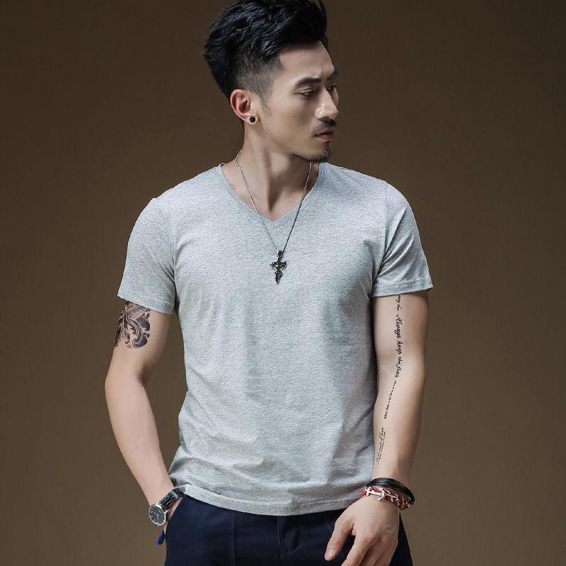 Men's Black V-Neck Slim Cotton T-Shirt - Short-Sleeved Summer Trend