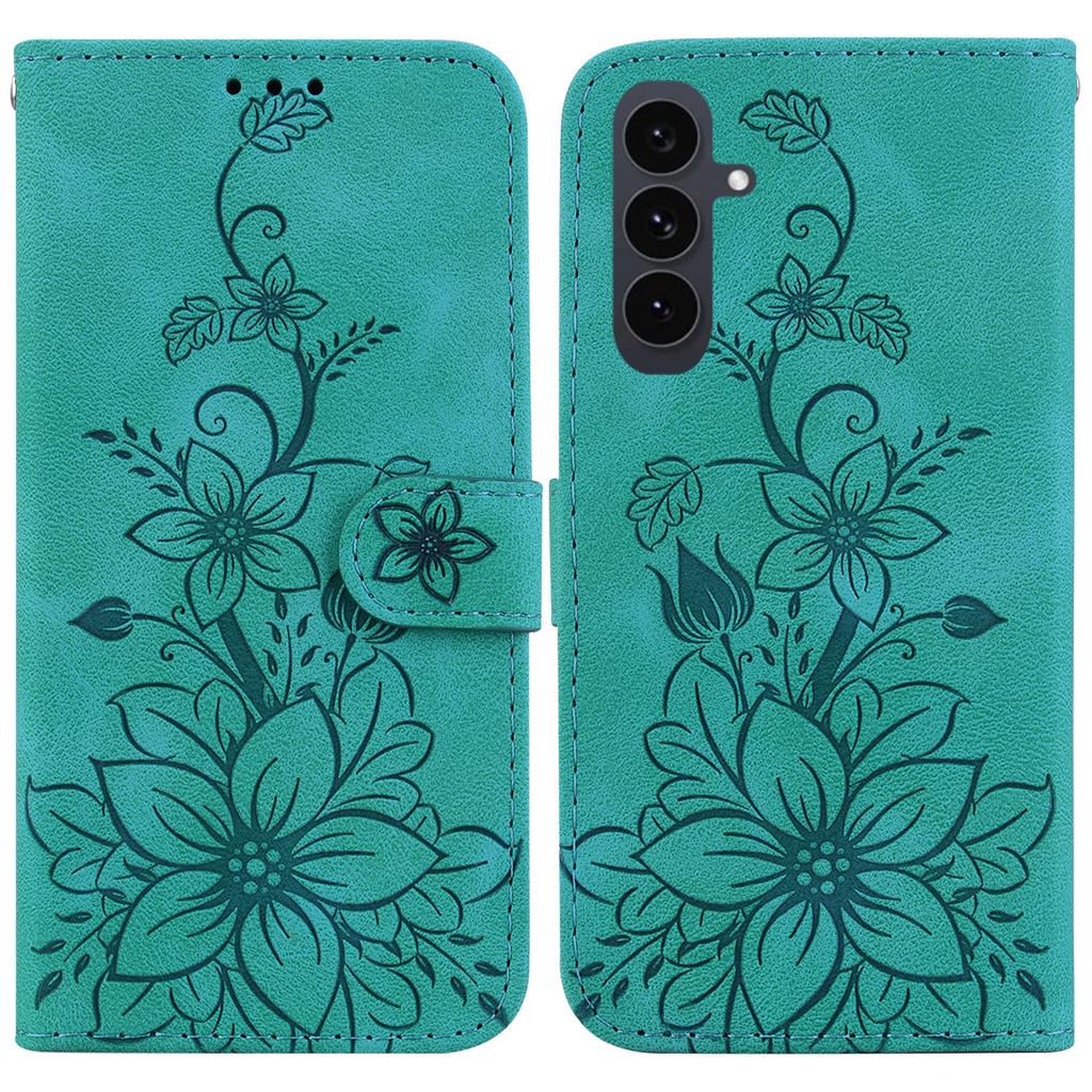 For Samsung Galaxy S25 FE Stand Case Lily Flower Imprint Leather Phone Cover with Wrist Strap