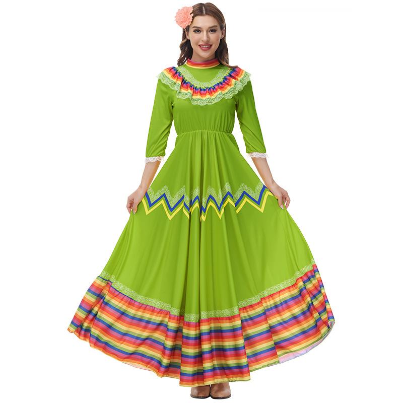 Adult Women National Mexican Ethnic Dance Maxi Long Dress Headwear Halloween Cosplay Costumes Role Play Outfit