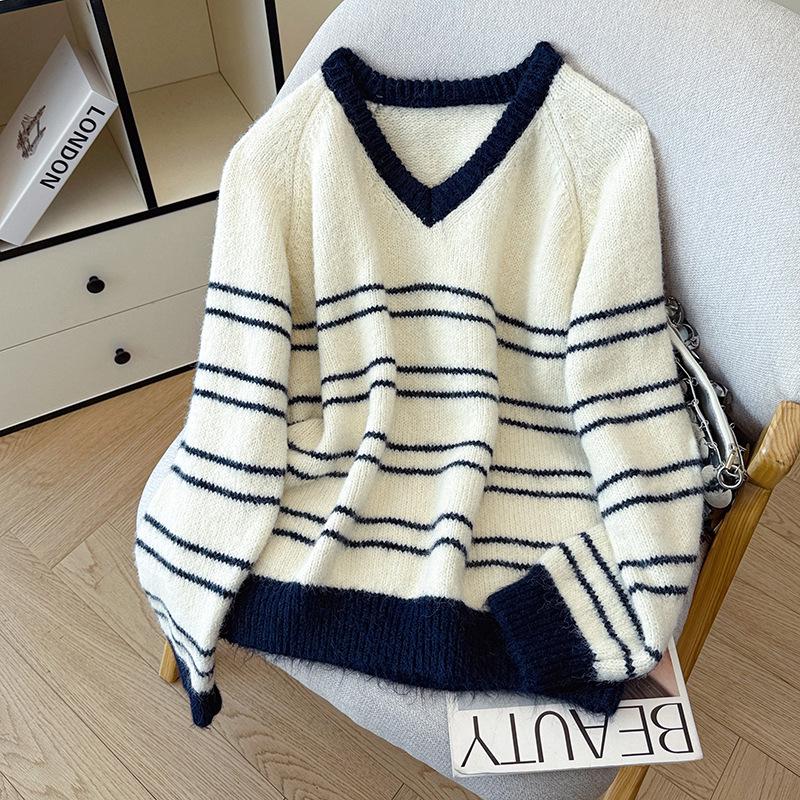 2026 Fall/Winter Korean Casual Color Block V-Neck Striped Knit Sweater