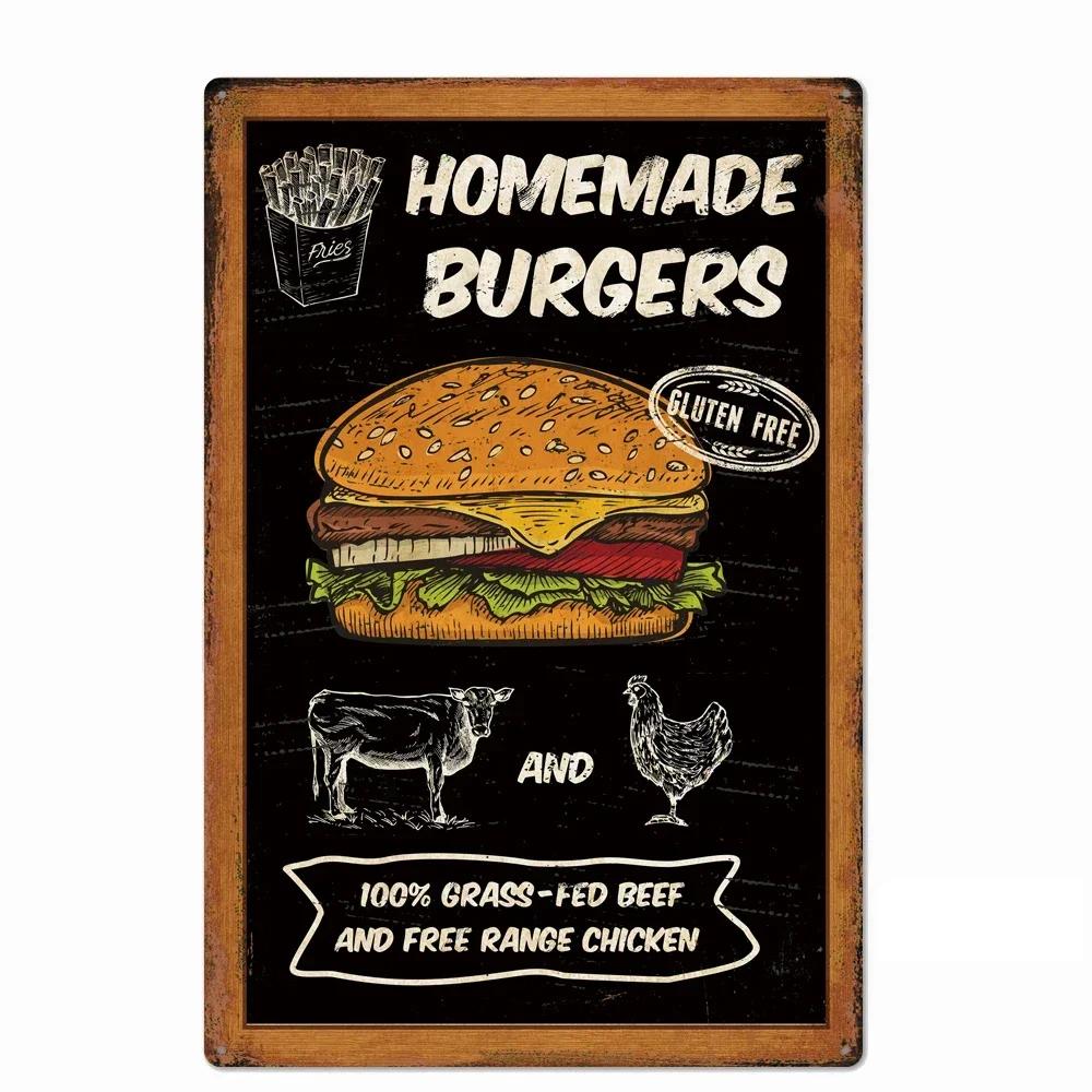 Delicious Hamburger Food Signs Metal Plaques Barbecue Kitchen Restaurant Shop Tin Sign Decorative Posters Retro Iron Paintings
