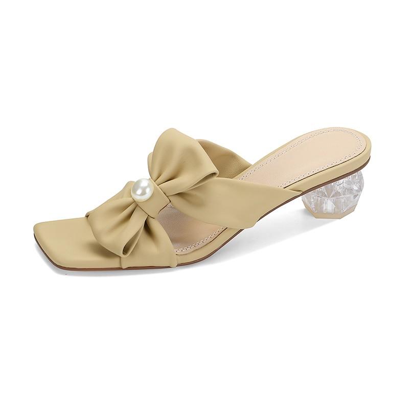 Fashion Square Toe Women Slippers Bow Heeled Sandals Loafers Shoes Woman 2025 Fashion Summer Shallow Dress Comfort Soft Leather Slides