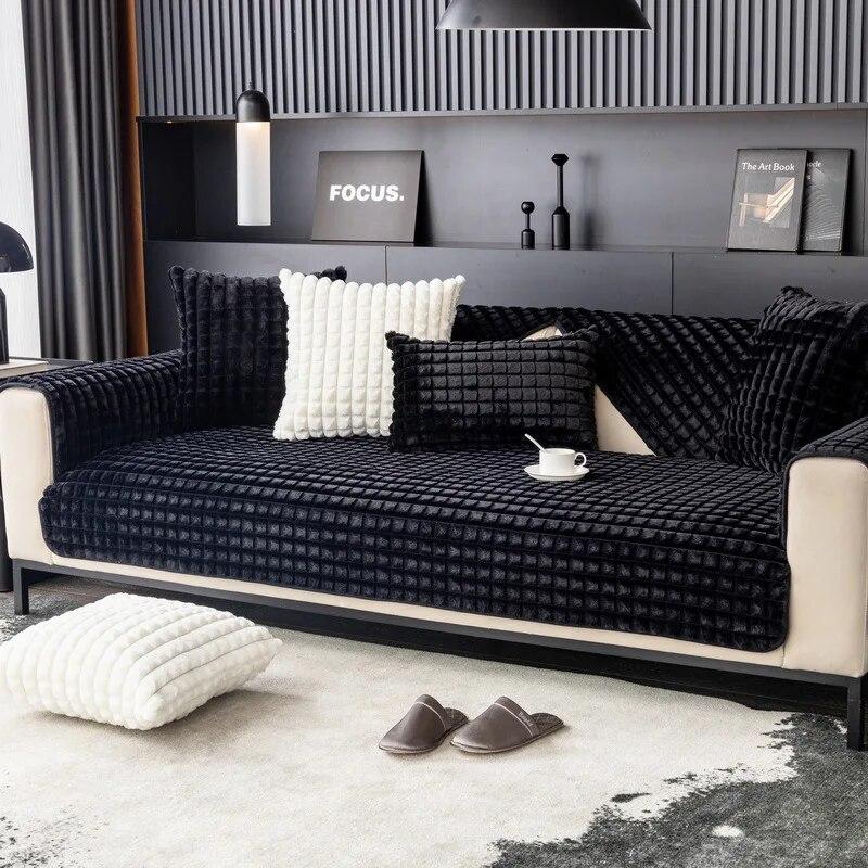 Solid Color Sofa Cover Universal Plaid Plush Non-Slip Thickened Living Room Sofa Cover Modern Sofa Cushion Armrest Back Towel