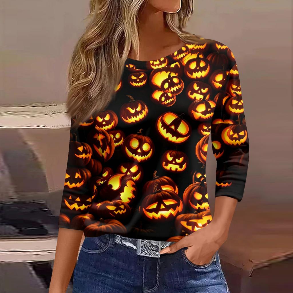 Women 3/4 Sleeve Casual Loose Fit Round Neck Shirt Halloween Bat Print Lightweight Pullover Top for Everyday Wear