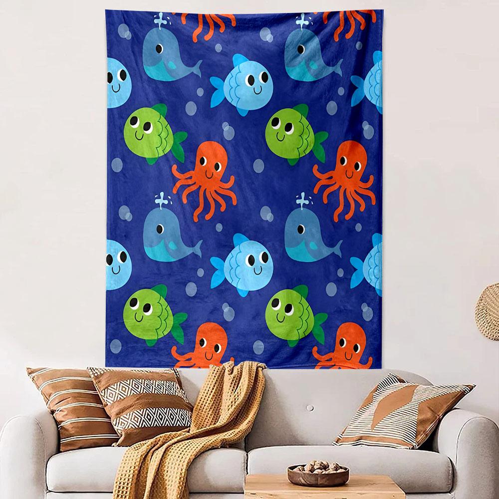 Cute Sea Creatures with Smiling Faces Patterned Tapestry Decorative Wall Hanging, Home Bedroom Living Room Decor