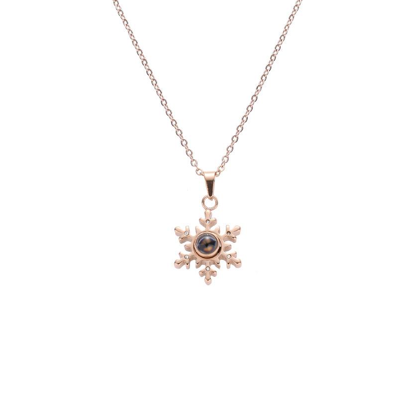 Women Korean Minimalist Snowflake Necklace Titanium Steel 100 Languages I Love You Projection Pendant Zircon Inlaid Love Memory Collarbone Jewelry