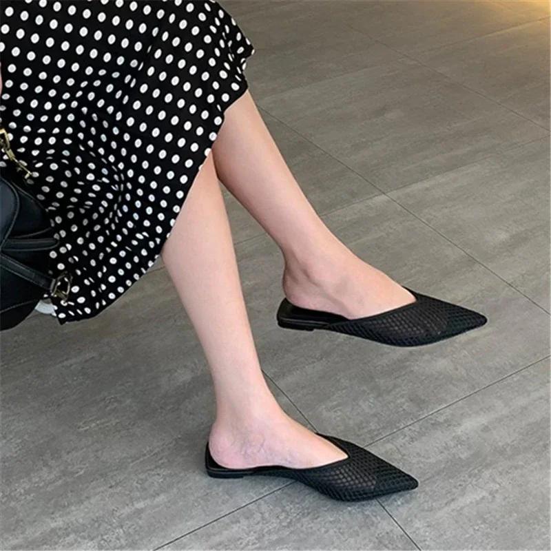 Fashion Women's Pointed Toe Slippers 2024 Summer Designer Mesh Beach Flat Shoes Slides Outside Mules Gladiator Sandals Zapatos De Mujer