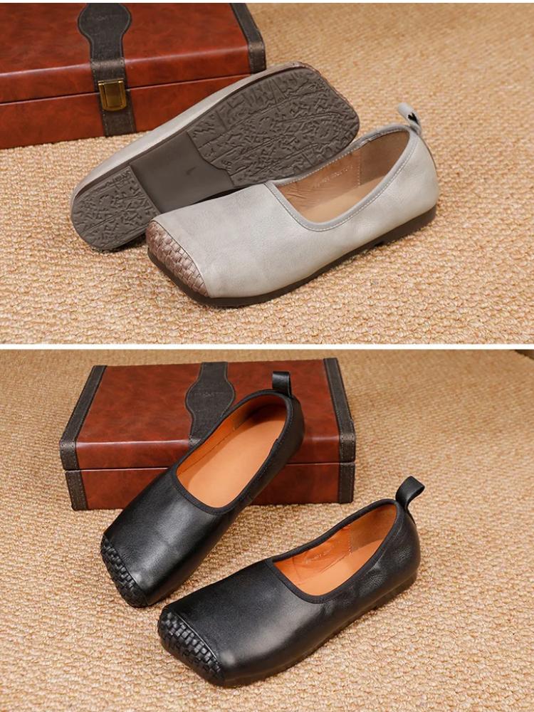 Johnature Women's Shoes Retro Loafers Genuine Leather Solid Color Square Toe Soft Soled Slip-on Shoes