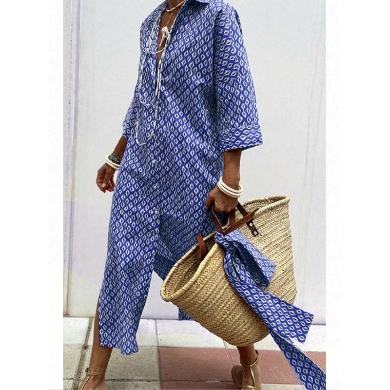 Independent Station European and American Women's Clothing New Five-Sleeve Striped Cardigan Lapel Shirt Dress