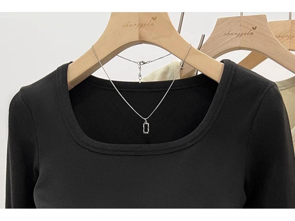 Women's U-Neck White Long Sleeve Fleece Lined T-Shirt, Slim Fit - 2024 Spring/Autumn/Winter Collection