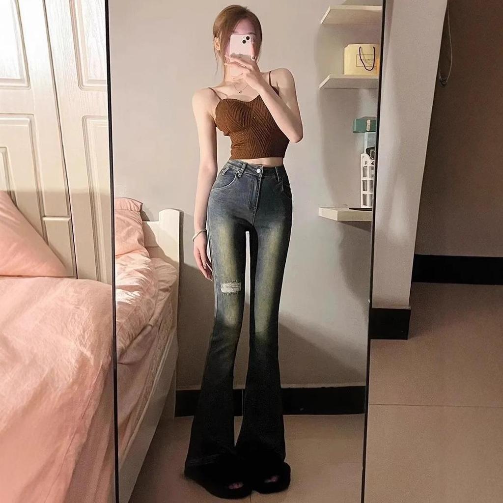American Retro High Waist Flared Jeans - Women's Spring/Autumn Slimming Ripped Style