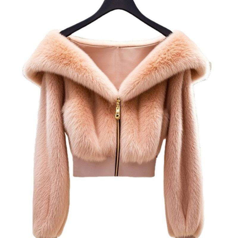 Winter New Celebrity Temperament Pink Plush Jacket Women's Short High-waisted Imitation Fur Top