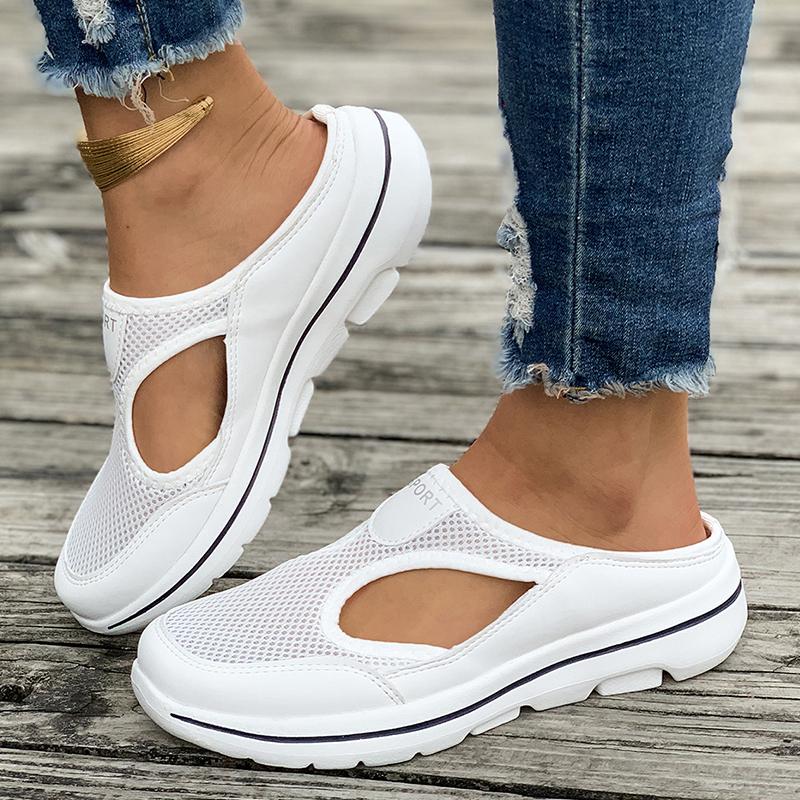 

Модные дышащие сетчатые спортивные тапочки женские повседневные босоножки с вырезами на танкетке женские летние 2024 удобные нескользящие прогулочные туфли 36 белый