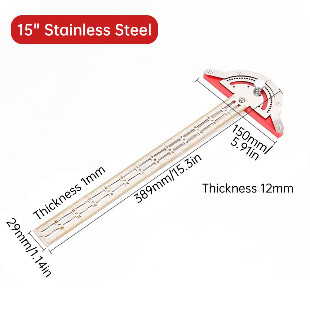 10/15/20 Inches Stainless Steel Protractor Multi-Angle Free Adjustment Precision Carpenter Measuring Tool Woodworkers Edge Ruler