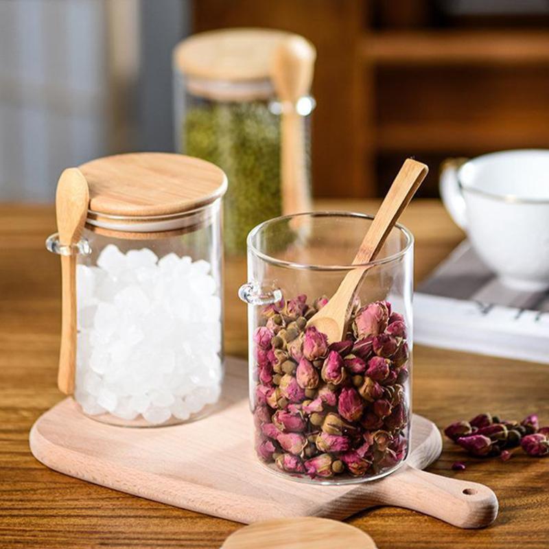 4 Stück Glasbehälter zur Lebensmittelaufbewahrung, Gewürzgläser mit Bambusdeckel und Löffel, Vorratsgläser für Tee, Kaffee und Zucker, kleine Dose, 550 ml