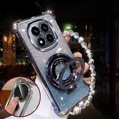 Glitzer Magnetische Halterung Hülle Für Xiaomi Redmi Note 14 15 Pro Plus 15 15C 14C 14S 4G 5G Kristall Armband Silikonhülle