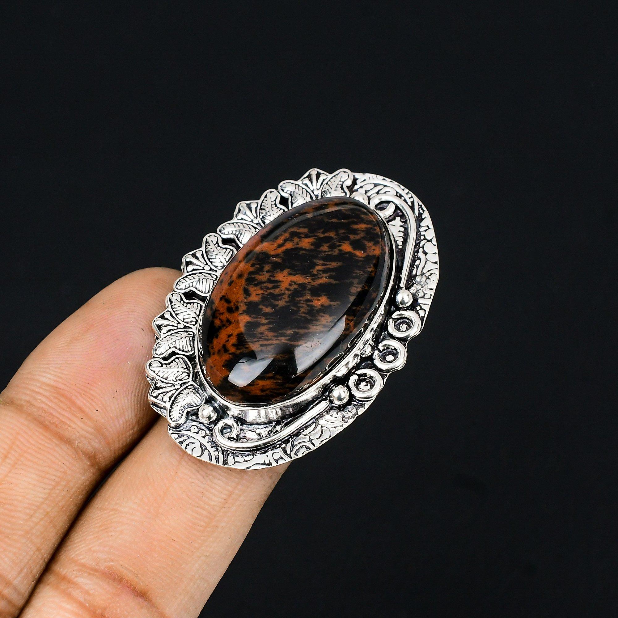 

Oval Natural Mahogany Obsidian 925 Sterling Silver Promise Ring Jewelry Size 7.5 7.5