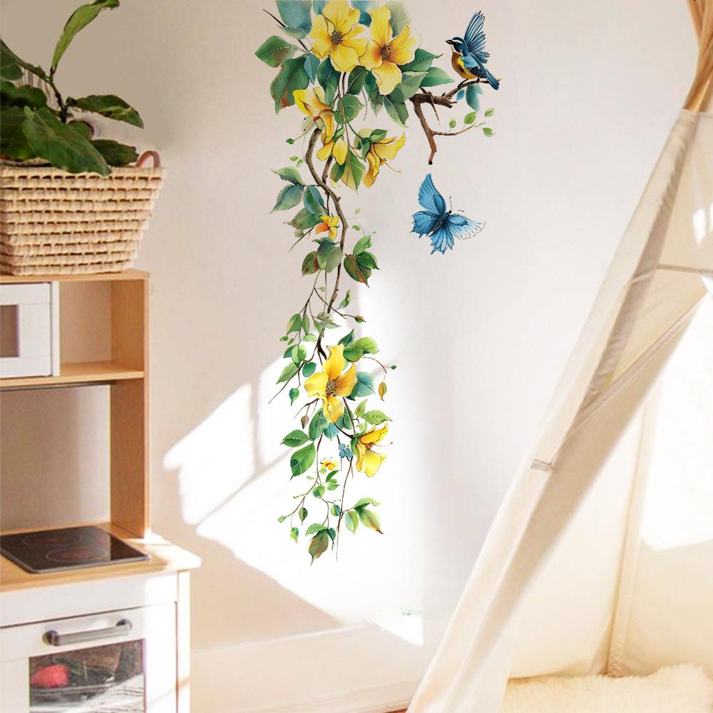 Yellow Flower Vine Butterfly Bird Wall Stickers Refrigerator Window Cupboard Home Decorations DIY Home Decals Art Mural Posters