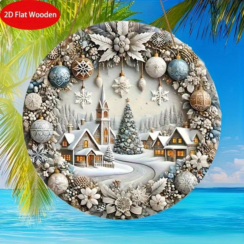 Winter Snow Town Relief Christmas Wreath Wooden Sign For Front Door Wall Hanging Decor