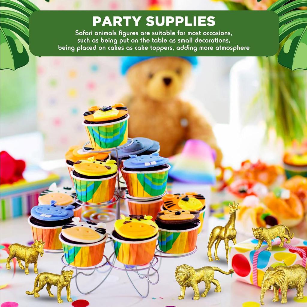 12 Pcs Gold Plastic Animal Figurines Toys Zoo Safari Animals Decor Mini Jungle Cake Toppers for Themed Birthday Party