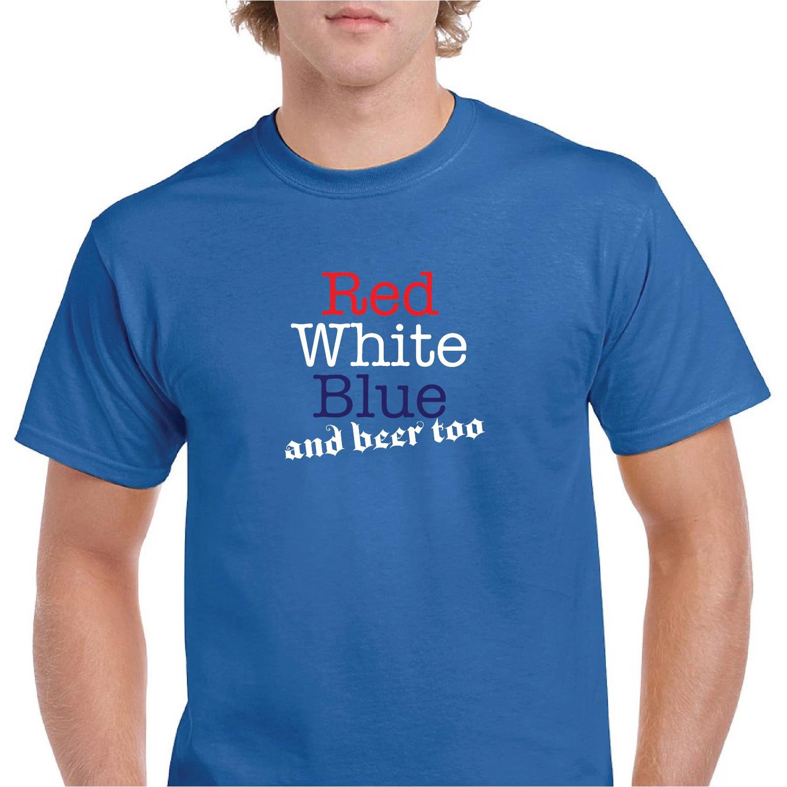 

Red White Blue Beer Too 4th of July American Funny Mens Hashtag Cotton T-Shirt XL