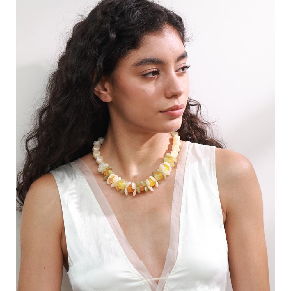 Yhpup New Handmade Jewelry Spring Color Resin Acrylic Flower Round Beads Chain Sweet Necklace Waterproof Fashion Accessories