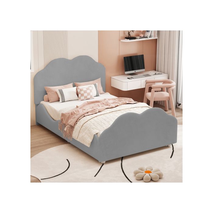 Cadre De Lit Enfant - MUVOE - 90 X 200 Cm - Tissu Velours Doux - Design Nuage - Bois Massif