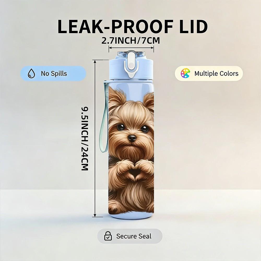 1PC Cute Yorkshire Puppy Portrait 750ml Color Plastic Sports Water Bottle Leakproof Flip Straw Lid Suitable for Sports Office Home Use