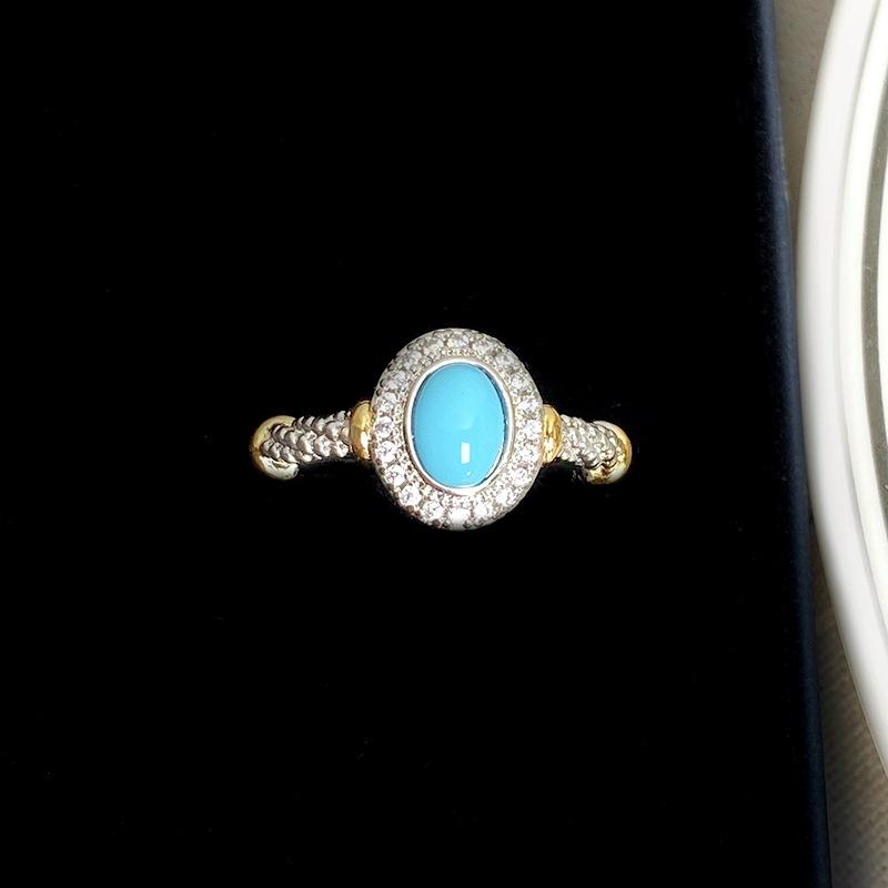 Court Style Two-Color Imitation Turquoise Daisy Open Ring Light Luxury Niche Retro Design High-End Sense Stacked Ring