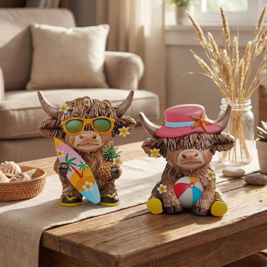 2 Piezas Figuras de Vaca de las Tierras Altas de Verano Estatua de Madera de Playa Costera Escocesa para Decoración de Mesa de Bandeja Escalonada para el Hogar Cocina