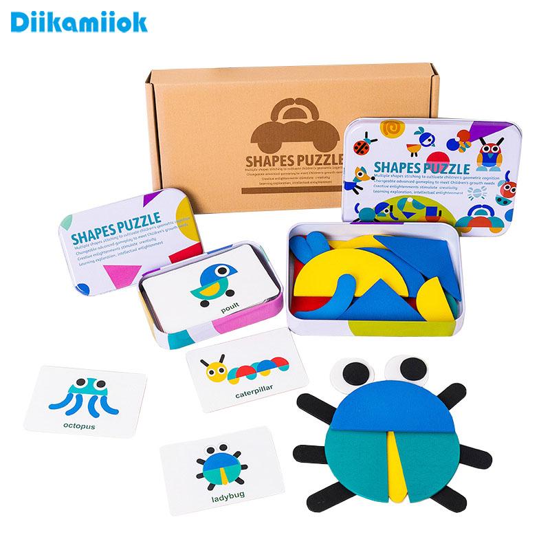 Geometric Shapes Wood 3D Puzzles for Kids Tangram Jigsaw Montessori Games Children Wooden Educational Toys with Box