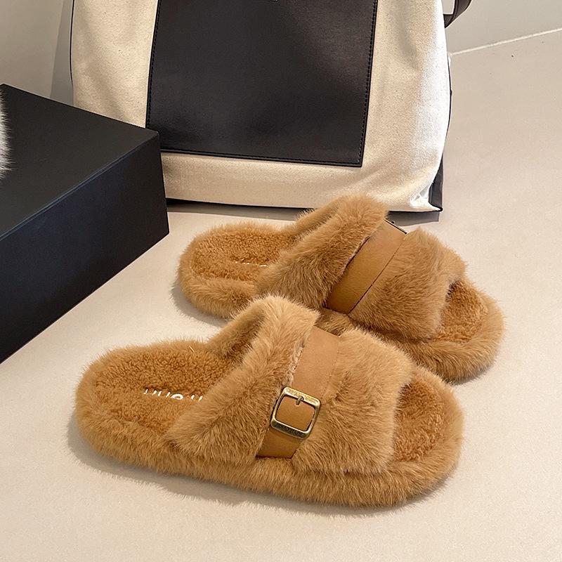 2025 new thick-soled fluffy slippers women's autumn and winter wear comfortable slippers high-grade belt buckle thick-soled cotton slippers