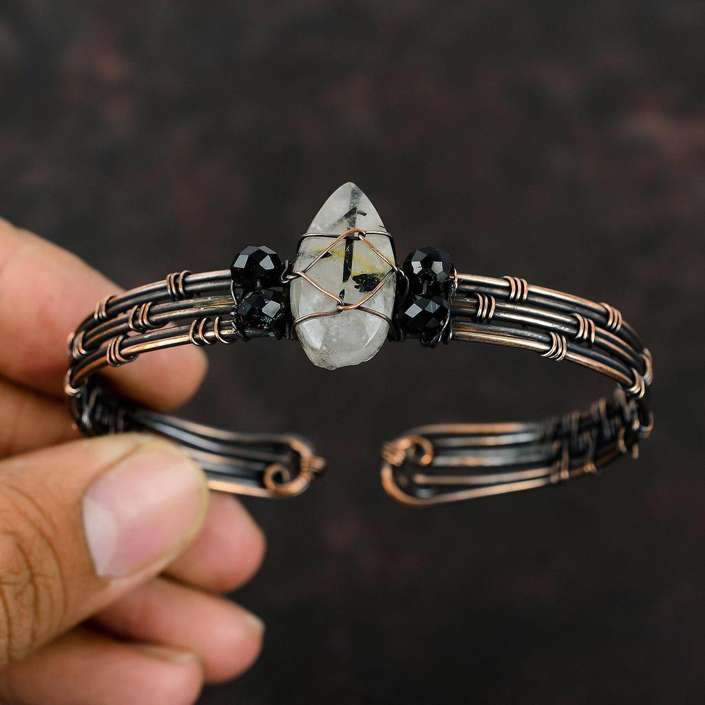 Black Rutile Copper Cuff Bracelet Black Onyx Beads Cuff Copper Wire Wrapped Jewelry Adjustable Bangle Gemstone Copper Cuff Handmade Bracelet