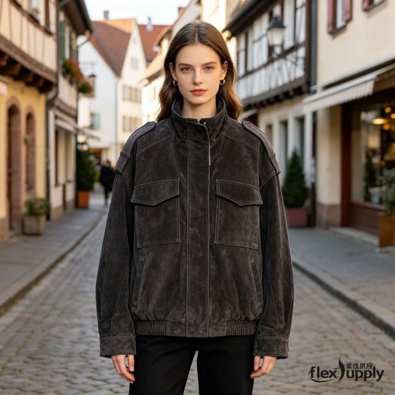 Womens Oversized Faux Leather Jacket In Vintage Streetwear Style PU Material Stand Collar Zipper Front Black Khaki