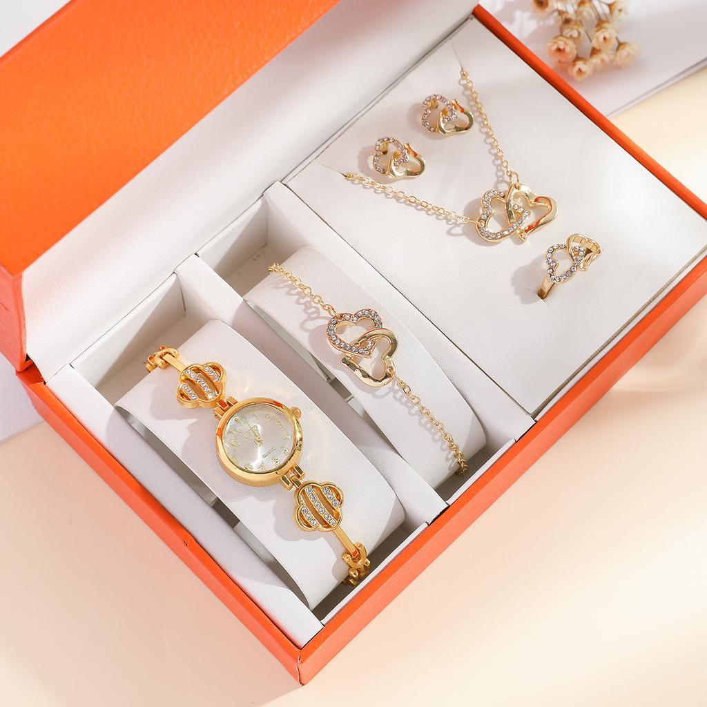 Women Quartz Watch Necklace Ring Jewelry Gift Set Watches Gift Set with Ruby Earrings for Wedding and Party Gift Set
